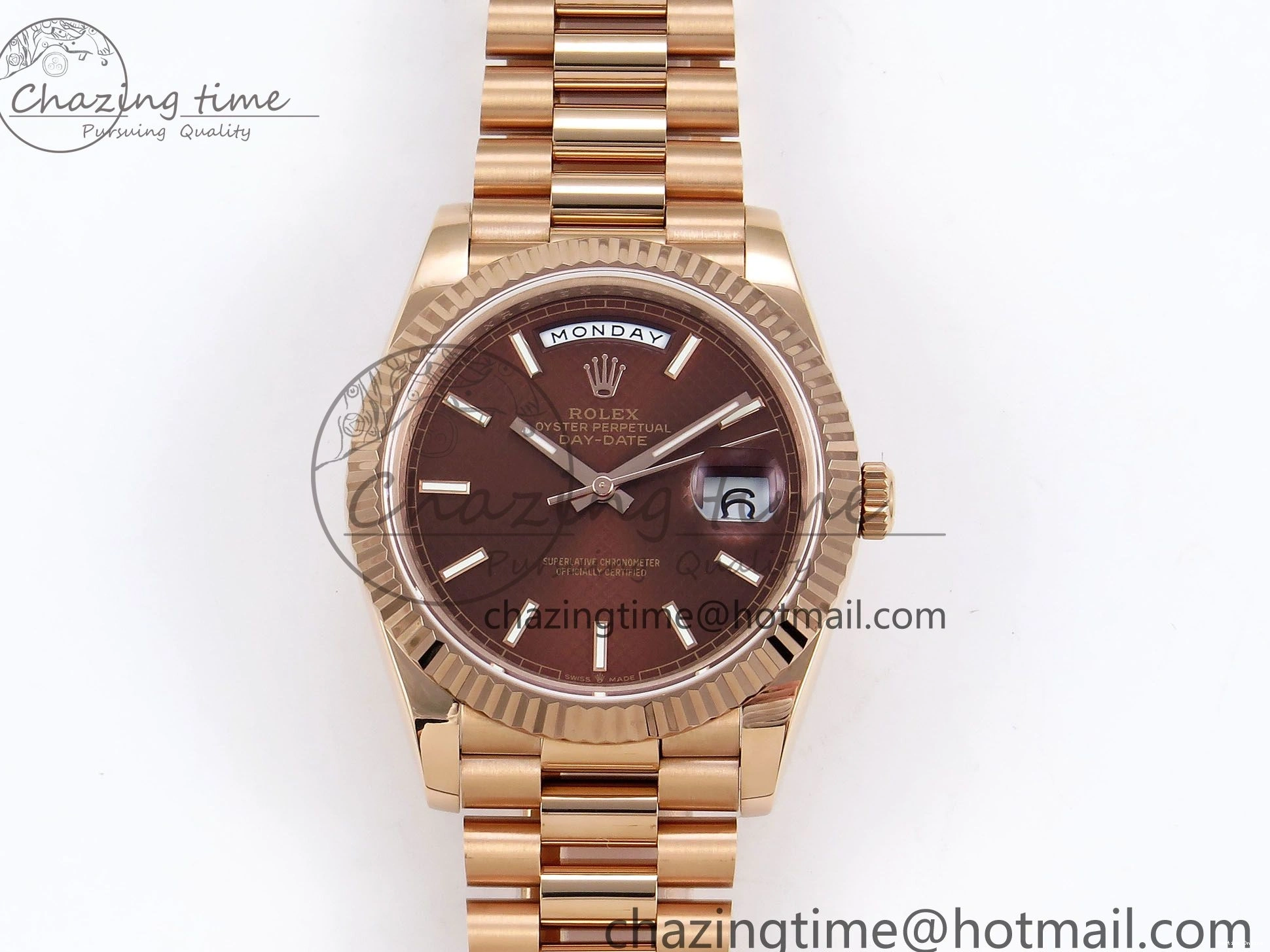 0125 SunProtective Day Date 40 RG JDF 904L Steel Brown Textured Stick Dial on President Bracelet VR3255 V3 (Gain Weight) 1359